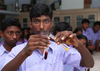 Pupil demonstrates chemical experiment with two test tubes